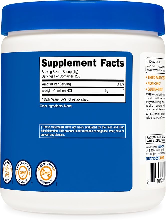 Nutricost Acetyl L-Carnitine (ALCAR) 250 Grams Powder - 1G Per Serving - 250 Servings
