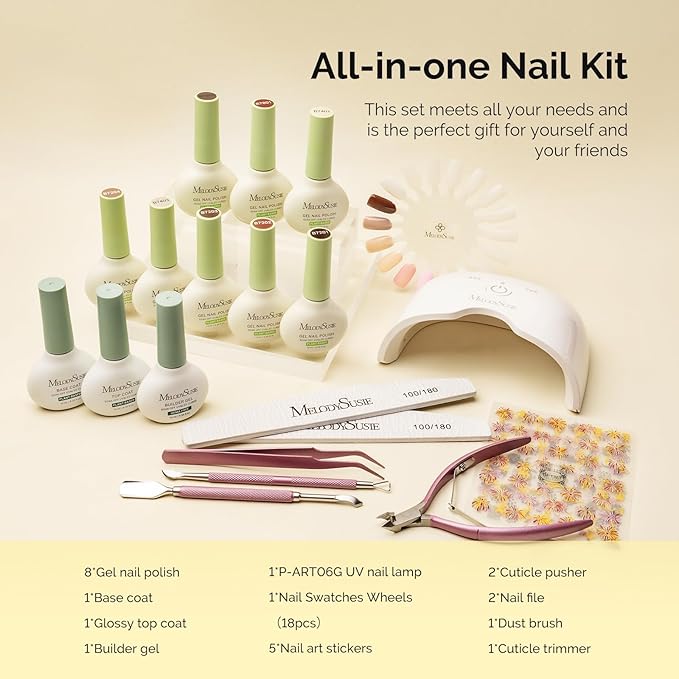 MelodySusie Gel Nail Kit with P-ART06G Cordless UV Lamp Christmas Gift for Women Plant Based HEMA Free Fall Nails Polish with No Wipe Top Coat Base &amp Builder Gel