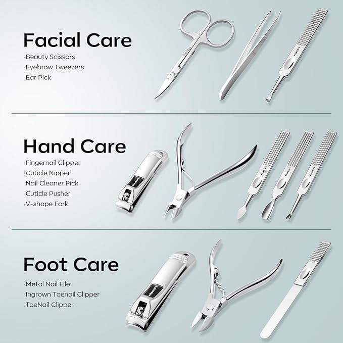 FAMILIFE Nail Kit Professional Manicure Set Manicure Kit 11 in 1 Stainless Steel Nail Clippers Set Pedicure Tools Men Grooming Tool with Portable Blue Leather Travel Case Luxury Gifts for Him