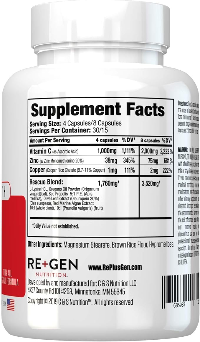 Re+Gen Nutrition H Rescue Immune Support Supplement for Adults Capsules with Zinc Vitamin C L lysine Amino Acid &amp Oregano Oil for Immunity Health in Men &amp Women 120 Capsules