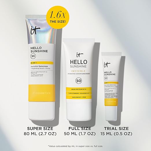 IT Cosmetics Hello Sunshine Invisible Sunscreen for Face SPF 50 - Sunscreen Hydrating Serum &amp Makeup Primer - 1% Pro-Vitamin B5 &amp Hyaluronic Acid - HSA/FSA Eligible - No White Cast