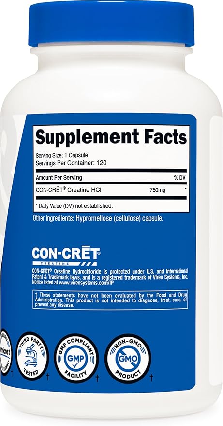 Nutricost Creatine HCl 120 Capsules - Made with CON-CRET Creatine 750 MG Per Capsule