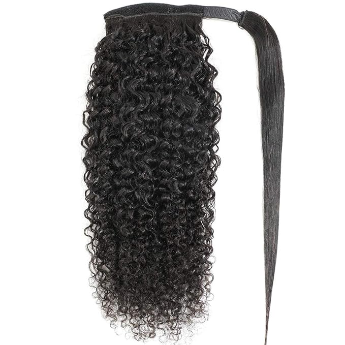 Curly Human Hair Strap Ponytail Extensions 100% Unprocessed Brazilian Hair Wrap Around Ponytails Magic Paste with Comb Clip in Kinky Curly Pony Tail (28 Curly Hair)