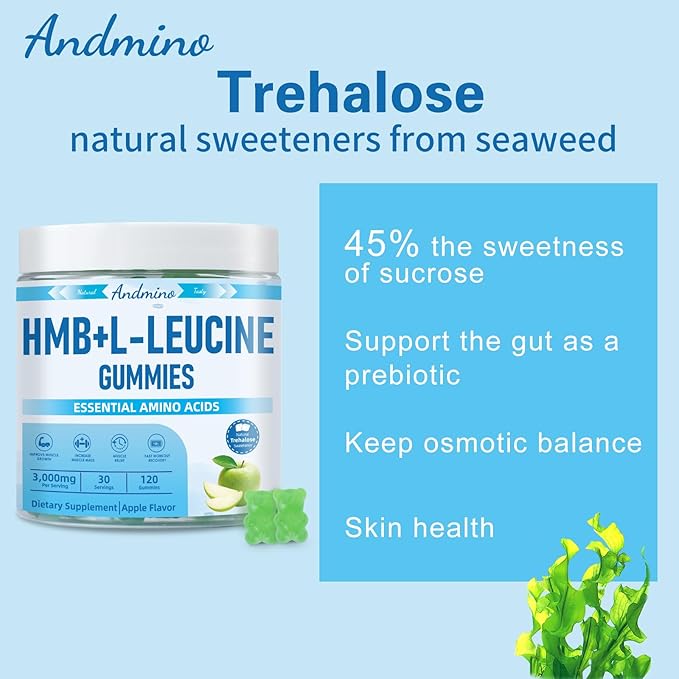 HMB and L-Leucine Gummies 3000mg with Trehalose for Muscle Growth Muscle Relief and Workout Recovery for Adults &amp Elder Non-GMO Vegan Gluten Free Apple Flavor 120