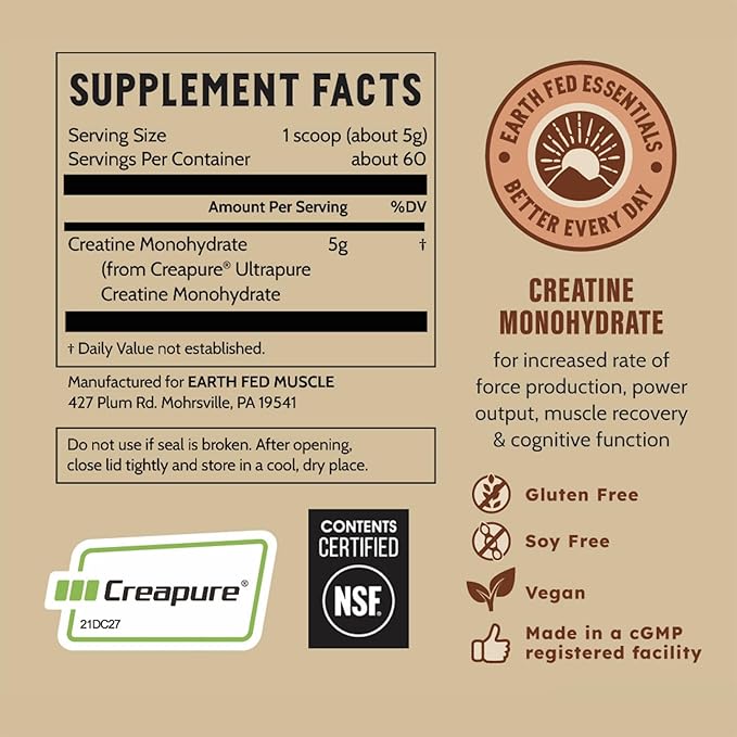 Earth Fed Muscle Transcend Creatine Monohydrate Powder ? 100% German Creapure Creatine for Women | Muscle Recovery &amp Building Energy Production | Unflavored 5g Serving 60 Servings per Container