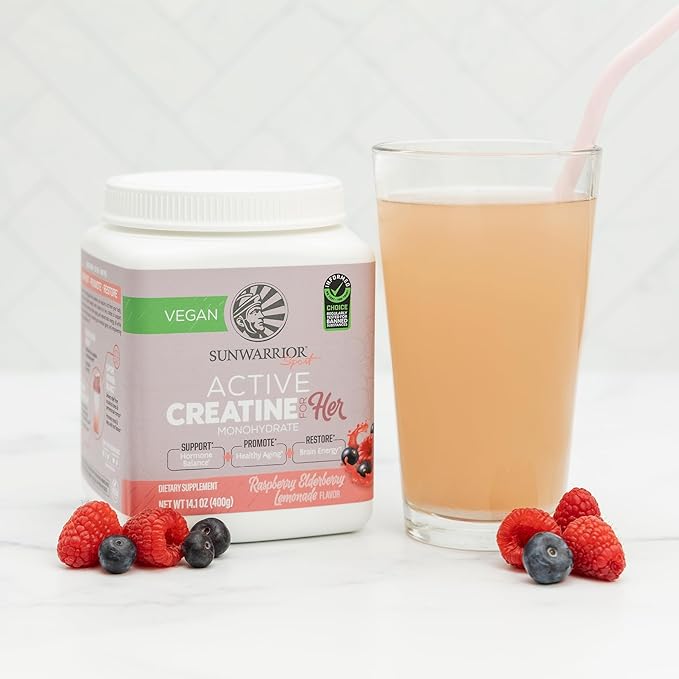 Sunwarrior Creatine for Women Monohydrate Powder Micronized Pre Workout Recovery Supplement Support Muscle Building Strength Training Cognition | Vegan and Easily Mixes 50 Servings Raspberry Lemonade