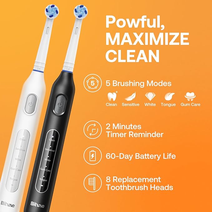Bitvae Rotating Electric Toothbrush 2 Packs for Adults and Kids 8 Brush Heads 60-Day Battery Life 5 Modes Power Toothbrush with 2-Minute Smart Timer Black &amp White R1