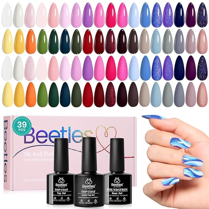 Beetles Winter Gel Nail Polish 36 Colors Palette Green Brown Pink Yellow Blue Nude Glitter Color Gel Polish with Base Top Coat Soak Off UV LED All Seasons Gift for Women Girls