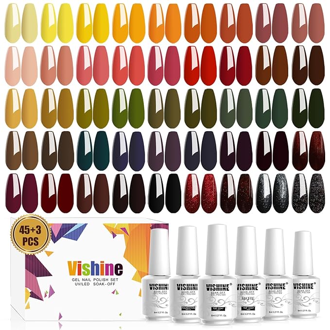 Vishine 48 Colors Gel Nail Polish Set Autumn Winter Popular Nail Polish with Base Top Coat Lasting UV LED Gel Polish Manicure Kit 8ml