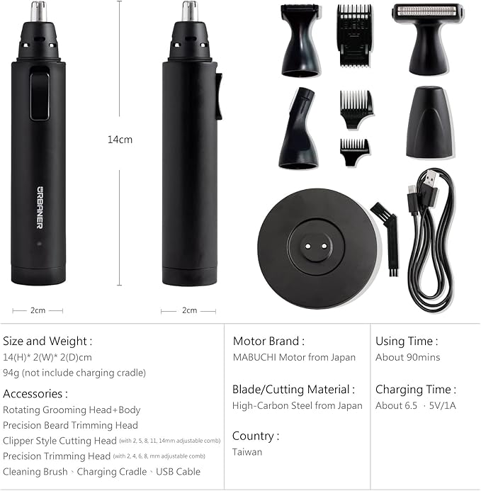 URBANER Nose Hair Trimmer for Men Japanese Motor USB Charger IPX8 Waterproof 4-in-1 Grooming Set Ear and Nose Hair Trimmer Eyebrows Trimmer Portable Electric Shaver Gifts MB-990