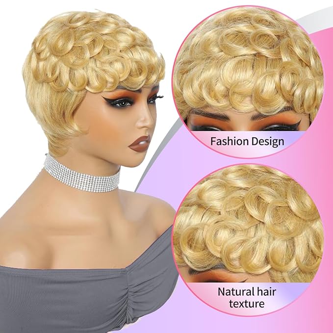 Breathable And Lightweight Wine Red/99J Human Hair Wig Short Curly Pixie Short Hairstyle With Layered Curls And Glue-Free Design For A Natural Look (4 InchBlonde)