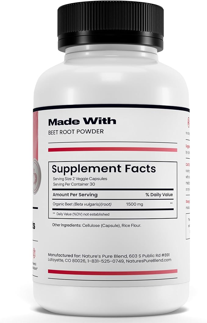Nature's Pure Blend Organic Beet Root Powder Capsules ? Beet Root Capsules &amp Beets Supplements for Circulation ? L Arginine ? Nitric Oxide Supplements ? 1500MG