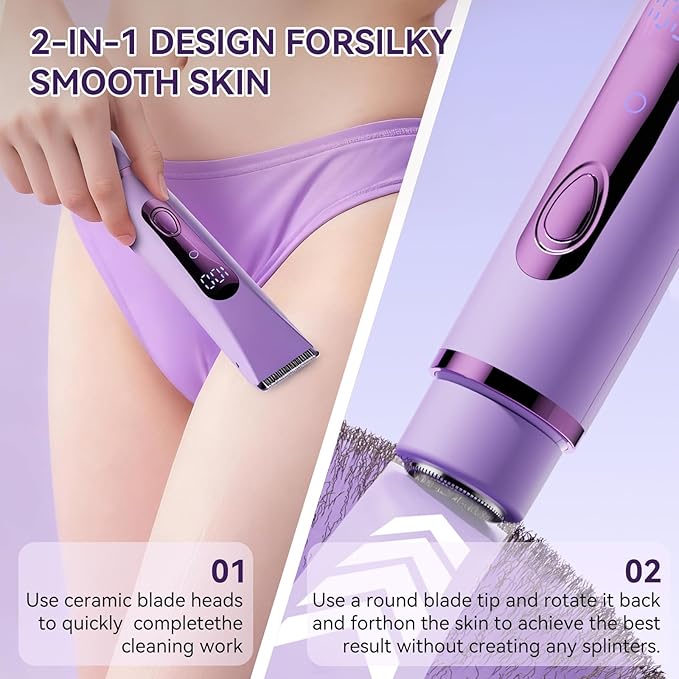 Bikini Trimmer for Women Electric?Double Head Dual Purpose Ceramic BladeIPX7 WaterproofLCD Power DisplayUSB RechargeableWet/Dry Painless Hair Removal for Face &amp Body (Violet)