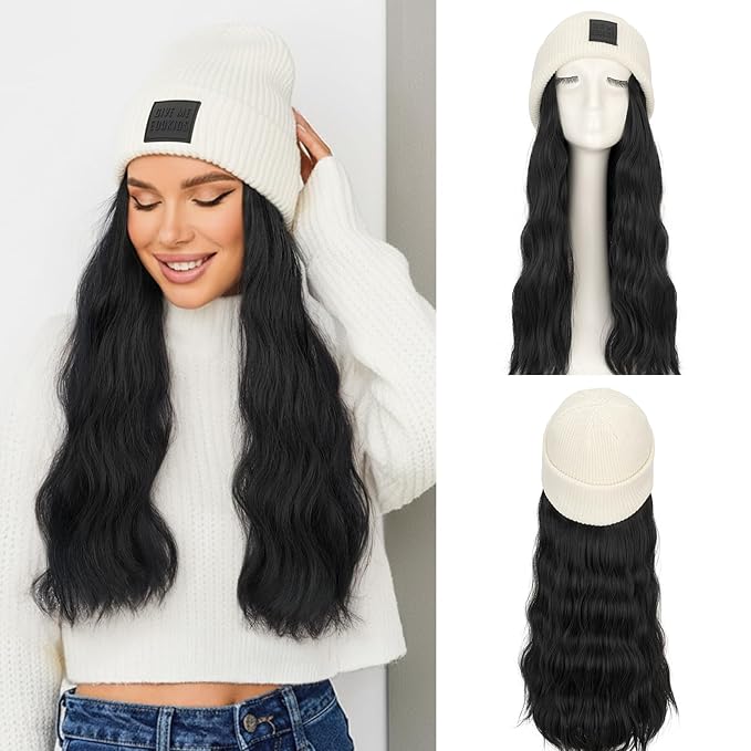 S-noilite Beanie Wig with Hair18 Inch Long Wavy Hair Extensions with White Knitted Hat Hairpieces for Women Winter Natural Black