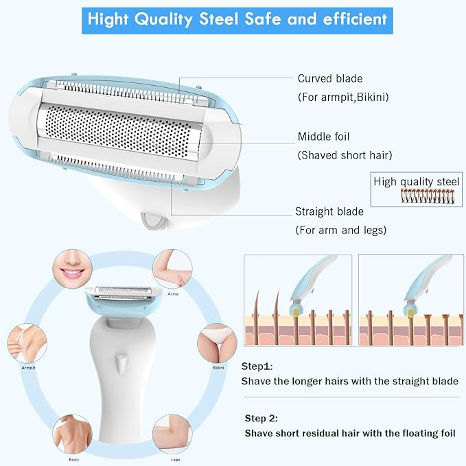 Electric Razor for Women Painless Lady Shaver Hair Remover for Womens Legs and Underarms Bikini Trimmer Wet and Dry Waterproof with LED Light