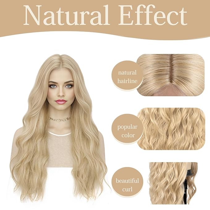 Haoland 613 Blonde Wigs for Women Lace Hairline Long Blonde Wigs Middle Part Long Curly Wig Heat Resistant Synthetic Hair Looking Natural Fiber Wig for Daily Party Use
