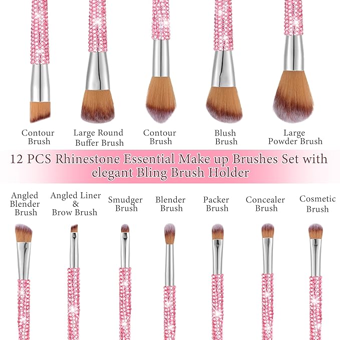 Rtteri 13 Pcs Rhinestone Pink Makeup Brushes Set Bling Crystal Professional Face Cosmetics Blending Liquid Foundation Powder Concealer Eye Shadows Make up Beauty Tool Glitter with Holder