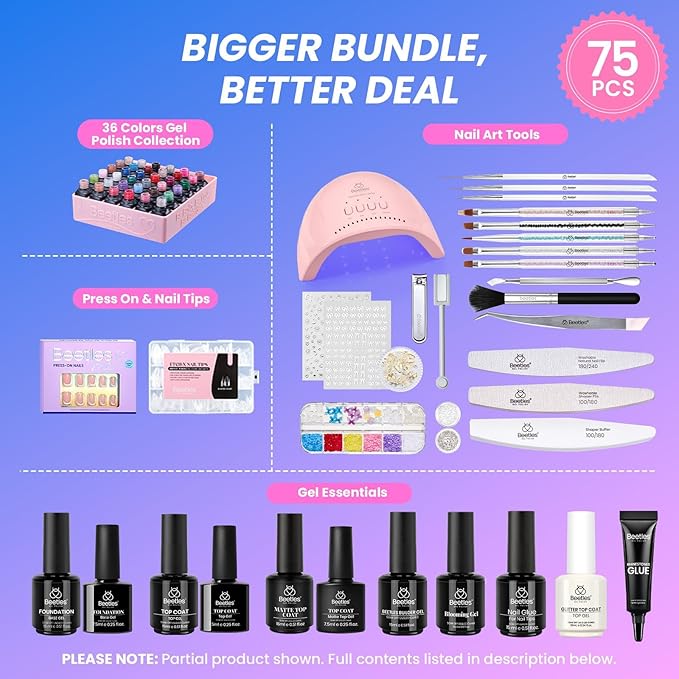 Beetles Gel Nail Polish Kit with U V Light - Gift Box Wild Gleam Collection 36 Colors Nail Polish Kit 75 Pcs for Women Girls Gel &amp Top Base Coat with Brushes &amp False Nails Tip Must Have Salon