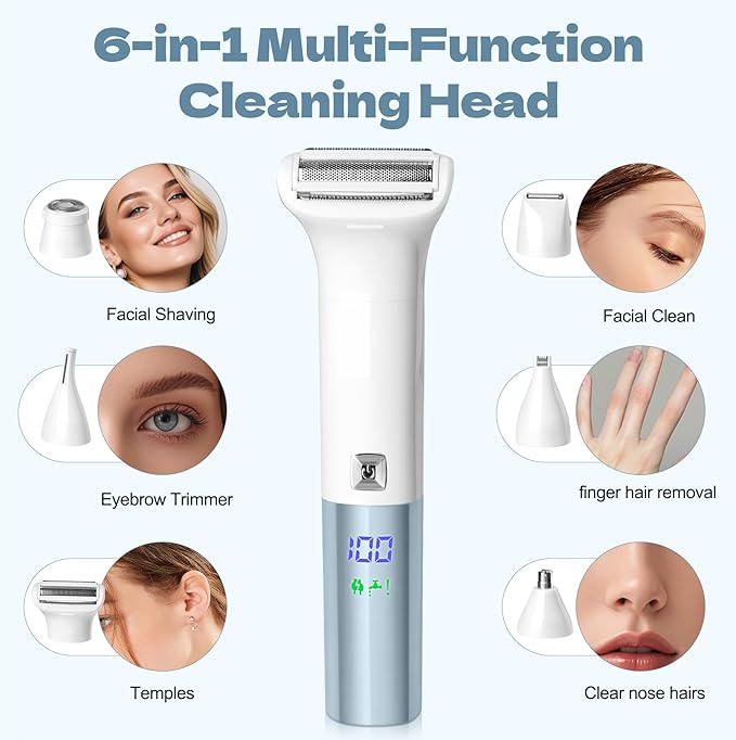 6-in-1 Hair Removal Device Female Hair Removal Device Painless Body Hair Trimmer Suitable for All-Round Hair Removal on The face armpits arms Legs etc. with Display Screen Rechargeable