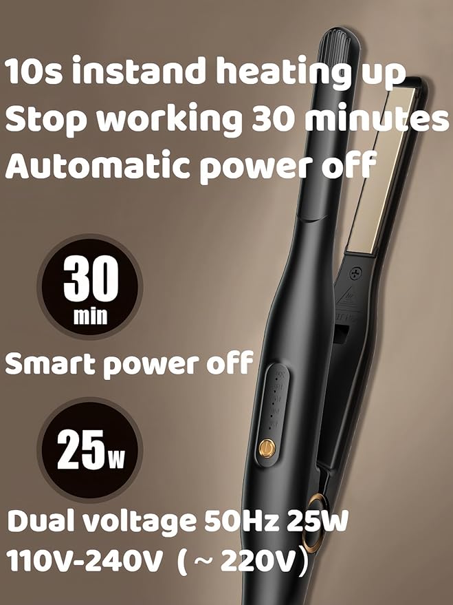 Mini Flat Iron for Short Hair 1/2 inch Ceramic Plates Small Flat Irons for Short Hair Fast Heating Anti-Frizz Temperature Adjustable Auto-Off Travel Size Mini Hair Straightener Black