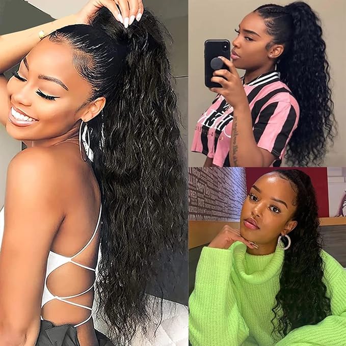 100% Human Hair Drawstring Ponytail Extension Water Wave in Natural Color 1B Corn Wave Ponytail Clip in Extensions for Black Women Full End Hair 18 Inch