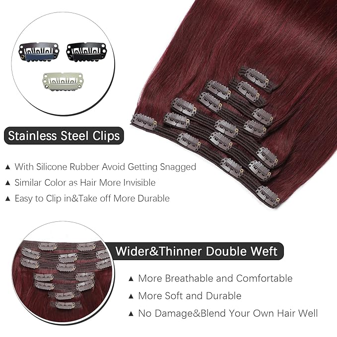 Clip in Hair Extensions Real Human Hair - 160g 20 Inch 7pcs Burgundy Red Color - Premium Soft Hair Extensions Real Human Hair Clip ins Straight Double Weft for Women (#99J 20 Inch)