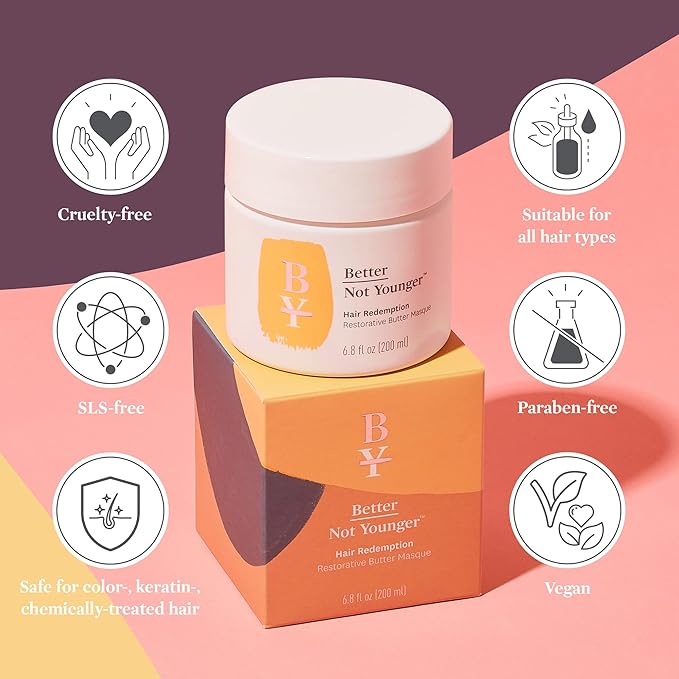 Better Not Younger Restorative Butter Hair Masque 6.8 fl oz - Hair Repair Mask with Plant-Based Butters Biotin Argan &amp Caffeine for Women Over 40 - Restores Moisture Adds Volume &amp Boosts Sh