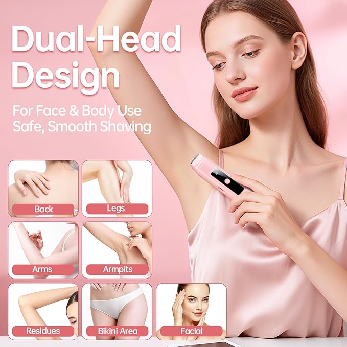 Bikini Trimmer for Women: 2-in-1 Electric Shaver with Digital DisplayIPX7 Waterproof &amp Easy Cleaning&amp Travel Lock - Dual Head Trimmer for Underarms Legs Face (Pink)