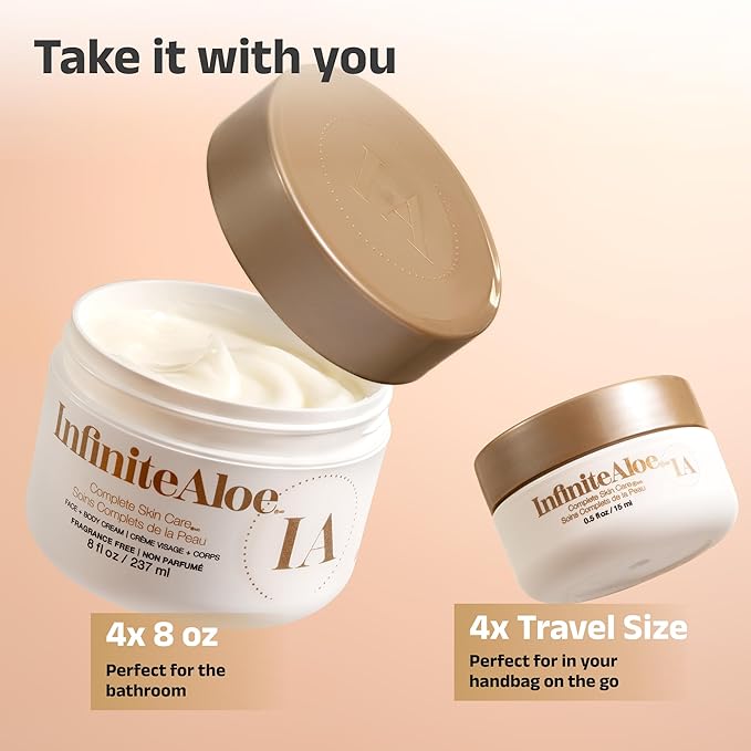 InfiniteAloe Complete Skin Care Aloe Vera Powered Face and Body Cream for Dry Skin Relief Fragrance Free - 4 Large Jar 8 oz &amp 4 Travel Jar 0.5 oz