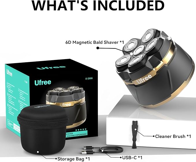 Ufree Head Shavers for Bald Men Electric Shavers Razor Rechargeable Bald Head Razor Magnetic 6D Rotary Shaver Waterproof Face Beard Trimmer Mens Grooming Kit Gifts for Men