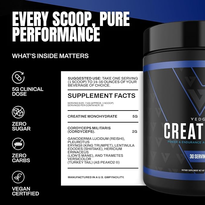 vedge Nutrition Creatine + | Vegan Plant-Based Creatine Monohydrate Powder | Energy Performance &amp Function | Ergogenic Aids for Athletes | Unflavored 30 Servings