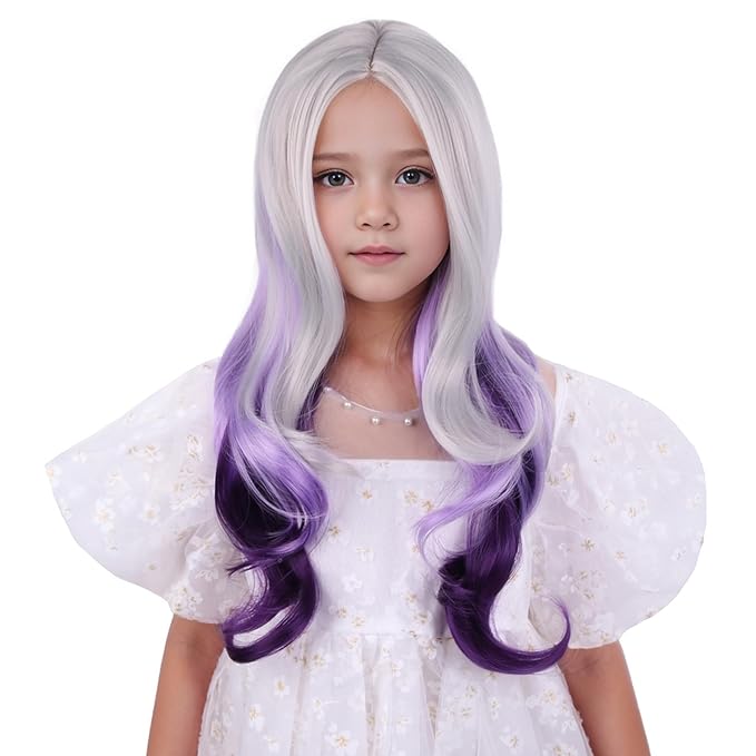 Silver Gray Ombre Purple Wig for Child Girls Long Grey Ombre Purple Middle Part Wig Kids Silver Gray to Wavy Curly Wigs Heat Resistant Synthetic Wigs with Cap
