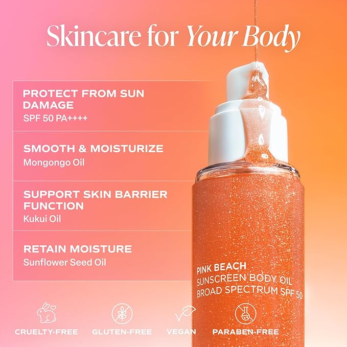Saltair SPF Body Oil - Broad Spectrum SPF 50 PA++++ Sunscreen. Lightweight Dry Oil with Sun Protection and Moisturizing Kukui &amp Mongongo Extracts. Pink Beach Scent 4floz Vacation Essential