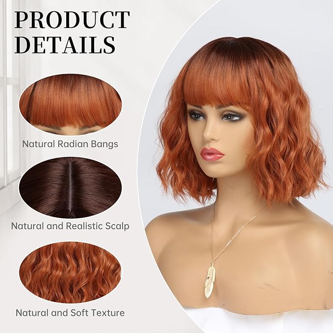 Short Copper Red Wigs for Women Fox Red Wig Ombre Red Dark Root Culy Bob Wigs with Bangs Ginger Hair Wig Wavy Synthetic Wigs(14Inches)