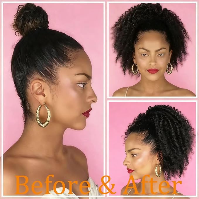 VADES Kinky Curly Human Hair Drawstring Ponytail for Black Women Dark Brown Real Hair Ponytail Extension 12 Inch Afro Puff Ponytail Hair With 3 Stable Combs Color #2 Curly Hair Extension