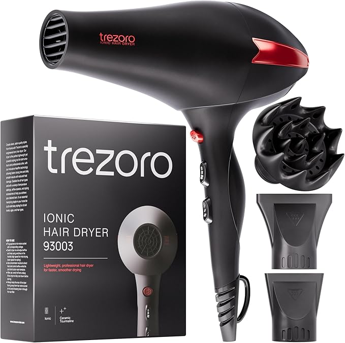 TREZORO Professional Blow Dryer ? Ionic Hair Dryer 2000W with Diffuser for Salon &amp Personal Use ? Powerful Fast &amp Quiet Drying for Curly Hair Unwanted Frizz ? Design for Travel ? 8.2ft Cord