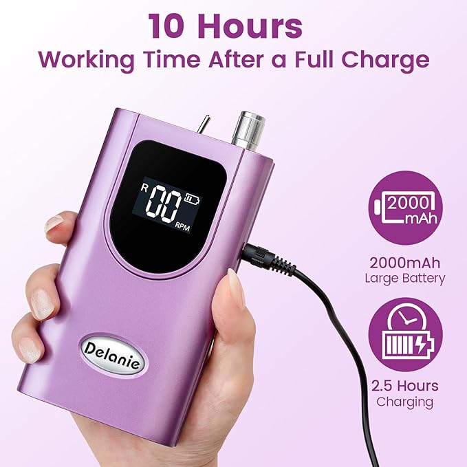 Delanie Professional Portable Electric Nail Drill Machine 35000 RPM Rechargeable Cordless Nail Filer Electric Nail File Efle for Dip Powder Acrylic Gel Nail Salon Nail Tool Violet