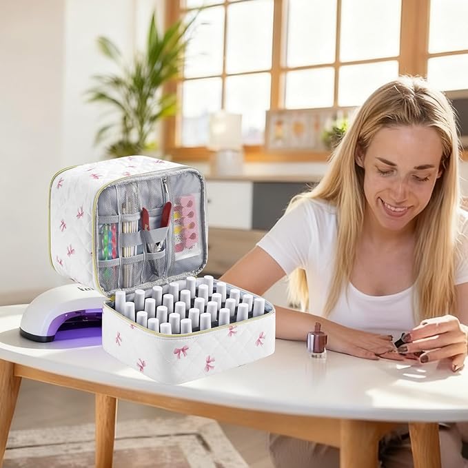 PU Leather Nail Polish Organizer and Nail Lamp Case Nail Kit Organizer Holds 30+ Bottles (15ml - 0.5 fl.oz) and a Nail Lamp Nail Polish Carrying Case with Manicure Tools Storage Sections (Pink Bow)