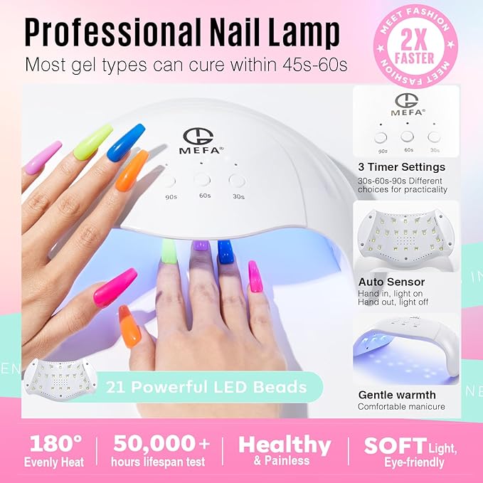 MEFA 56 Pcs Gel Nail Polish Kit with U V Light 32 Colors Bright Neon Spring Summer Fall Pink Gel Polish Nail Set Essential Manicure Tools Nails Decorations Gifts for Women