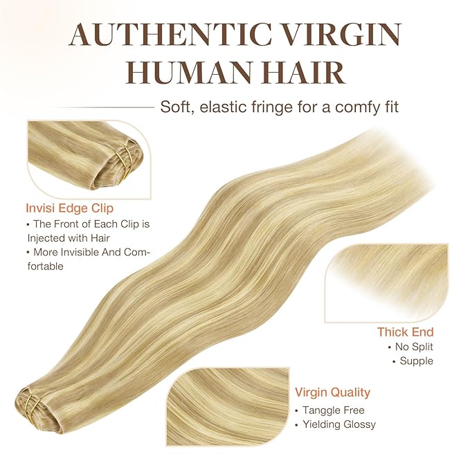 GOO GOO Invisi Edge Clip in Hair Extensions 16inch 120g 7Pcs Injected Seamless PU Clip in Hair Extensions Virgin Real Human Hair #18D/22F Dirty Blonde Highlights