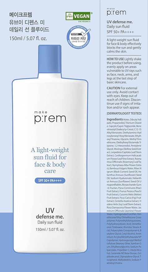 MAKEPREM Defense Me Daily Vegan Sun Fluid Non-greasy Calming Hydrating SPF 50+PA++++ Sunblock Reef-safe UV Broad Protection Sunscreen Blue Ray Sensitive Acne-Prone Oily Skin Face Body Korean Skincare