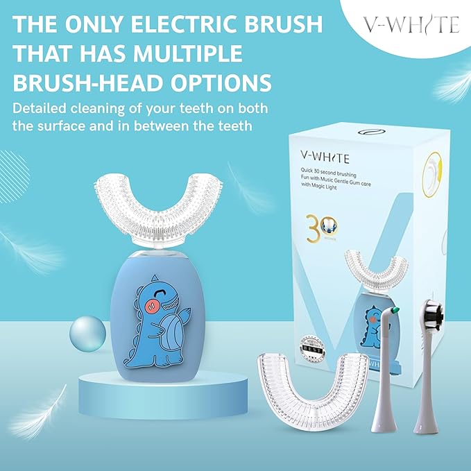 V-WHITE Electric Toothbrush Kids- Ultrasonic U-Shaped Toothbrushes for Teeth Whitening - 360° Mouth Cleansing Hands Free Gums Protection - Wireless Charging &amp LED Light - Waterproof IPX7 Certifie