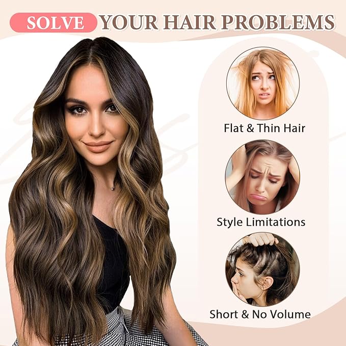 Synthetic Clip in Hair Extensions 6PCS Natural &ampSoft Hair&amp Blends Well Lonng Wavy Hairpieces(20inch6pcs Black with Brown Highlights)