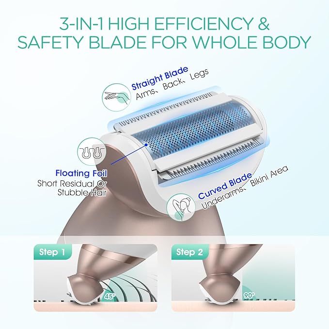 VOYOR Electric Razors for Women 4 in 1 Bikini Trimmer Foil Shaver for Women 4 Replacement Heads for Body Pubic Hair Trimmer Cleansing Massage 2 Adjustable Speeds Rechargeable Shaver ES501 (Gold)
