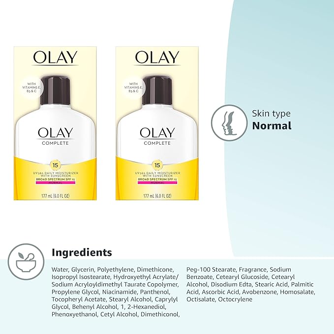 Olay Face Moisturizer Complete with Sunscreen SPF 15 Daily Facial Lotion for Normal Skin Lightweight Hydrating Broad Spectrum Sun Protection - Vitamin C E and Niacinamide - 6 Oz 2 Pack