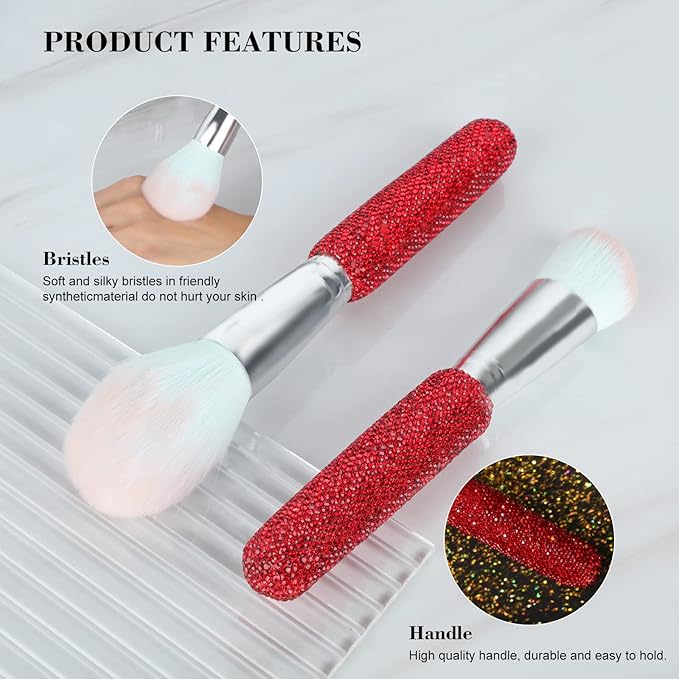 Makeup Brushes Bling Crystal Professional Face Cosmetics Blending Liquid Foundation Powder Concealer Eye Shadows Make Up Beauty Tool Glitter(12PCS) (Purely Handmade) (Red)