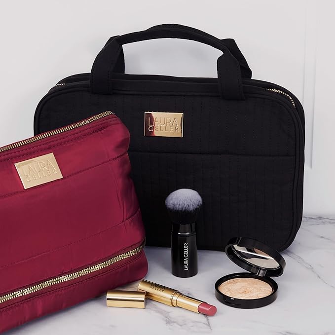 LAURA GELLER NEW YORK Quilted Folding Travel Makeup Bag Black - Hanging Toiletry Bag Organizer for Travel - Large Capacity Full Size Makeup Bag - Easy to Clean