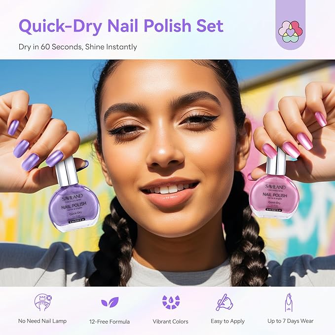 SAVILAND Quick Dry Nail Polish Set: 12 PCS Fingernail Polish 12-Free Metallic Nail Polish Colors Long Wear Nail Lacquer DIY Nail Art for Students Ladies Office Home Gift Christmas 8 ml