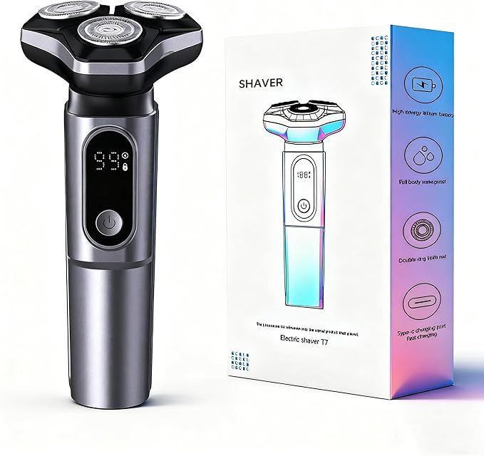 Electric Razor for Men.Wet/Dry Rotary Shaver Waterproof - USB Fast Charging &amp Sensitive Skin Care. 3-Blade Rotary Shaving System.LED Display Travel LockGray