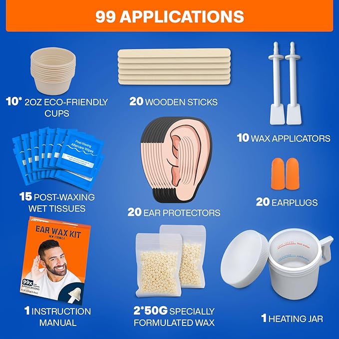 2-in-1 Ear &amp Nose Waxing Kit for Men &amp Women | 100g Hair Removal Wax + 99pc | 20 Applicators 10 Nasal Sticks 15 Wipes &amp 20 Earplugs | No Microwave Needed | Nose Wax Kit Ear Hair Remover